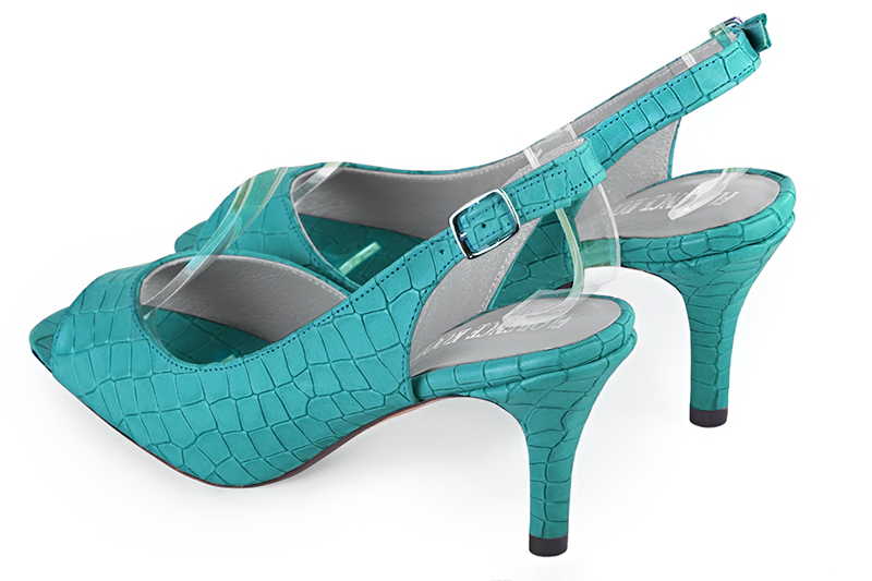 Turquoise blue women's slingback sandals. Square toe. High slim heel. Rear view - Florence KOOIJMAN